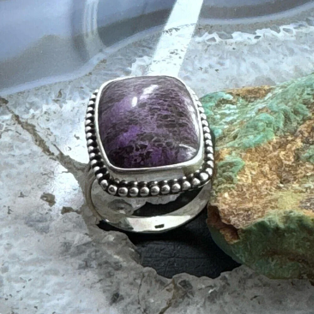 Sterling Southwestern Style Purpurite Decorated Bar Ring Size 8 For Women - Picture 4 of 10